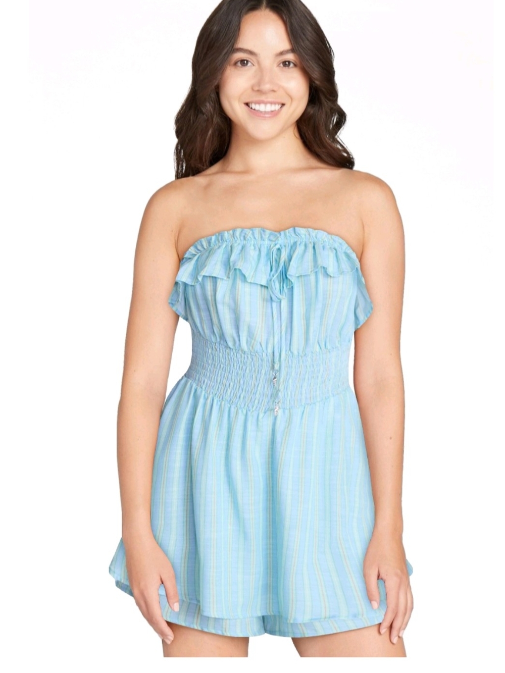 No Boundaries Light Blue Striped Strapless Romper